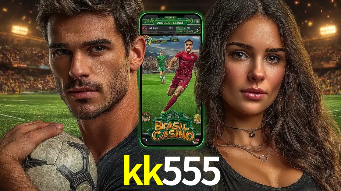 Homem segurando uma bola de futebol e uma mulher ao lado de um smartphone exibindo o jogo de apostas esportivas da kk555. Faça seu palpite no cassino online.